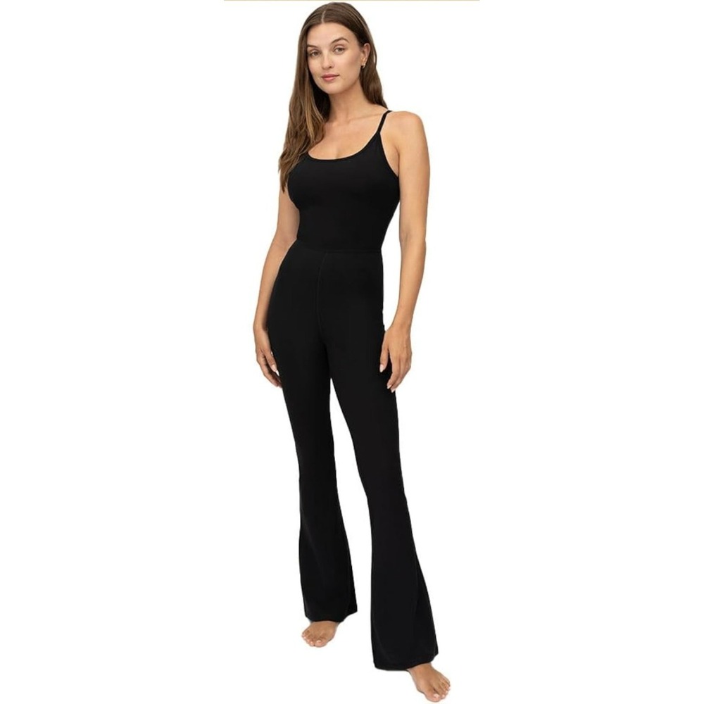 Yogalicious Lux Scarlett Flare Leg Jumpsuit Black NWT Built-In Bra